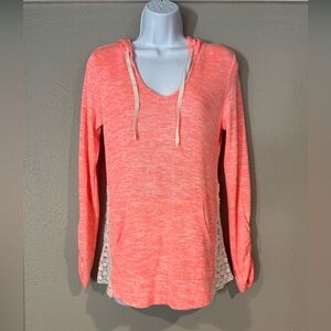 Coral Orange Women's Knit Hoodie Sweater Top with Lace Details Size Medium